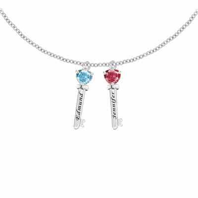 Engraved Family Key Pendant Necklace with 2 CZ Gemstones Sterling -  - JAPD-MP30516-2-SS