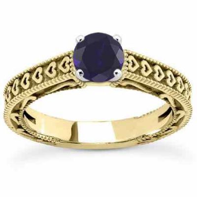 Engraved Heart Band Blue Sapphire Engagement Ring, 14K Yellow Gold -  - US-ENS3612SPY