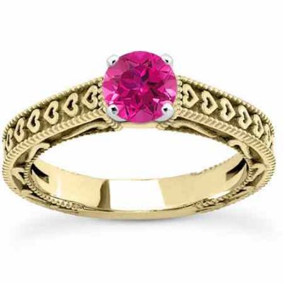 Engraved Heart Band Pink Topaz Ring, 14K Yellow Gold -  - US-ENS3612PTY