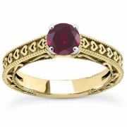 Engraved Heart Band Red Ruby Engagement Ring, 14K Yellow Gold