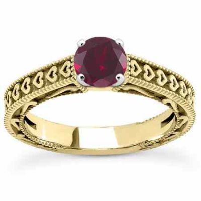 Engraved Heart Band Red Ruby Engagement Ring, 14K Yellow Gold -  - US-ENS3612RBY