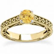 Engraved Heart Band Yellow Citrine Engagement Ring, 14K Yellow Gold