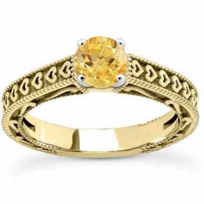 Engraved Heart Band Yellow Citrine Engagement Ring, 14K Yellow Gold -  - US-ENS3612CTY