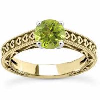 Engraved Heart Green Peridot Ring, 14K Yellow Gold