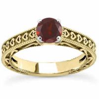 Engraved Heart Red Garnet Engagement Ring, 14K Yellow Gold