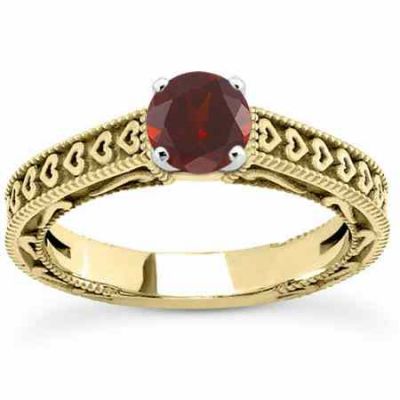 Engraved Heart Red Garnet Engagement Ring, 14K Yellow Gold -  - US-ENS3612GTY