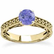Engraved Heart Violet Tanzanite Engagement Ring, 14K Yellow Gold