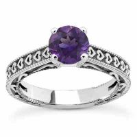 Engraved Hearts Amethyst Ring, 14K White Gold