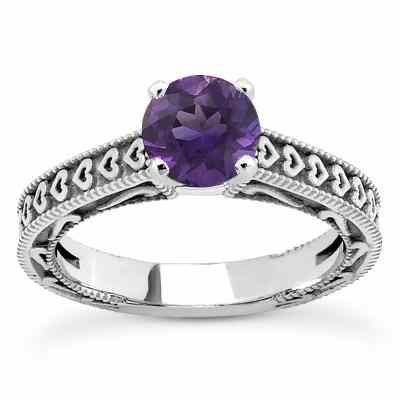 Engraved Hearts Amethyst Ring, 14K White Gold -  - US-ENS3612AMW