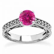 Pink Sapphire Engraved Hearts Ring, 14K White Gold
