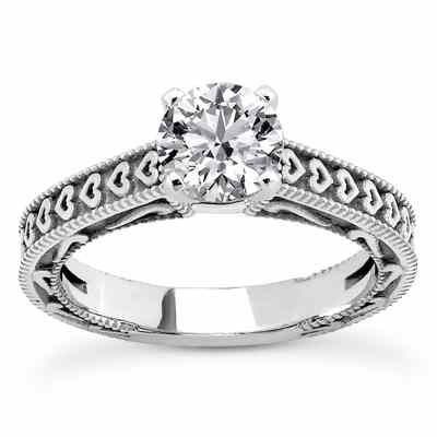 Engraved Heart Cubic Zirconia Engagement Ring -  - US-ENS3612W-CZ