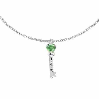 Engraved Key Pendant Necklace with CZ Gemstone in Sterling Silver -  - JAPD-MP30516-1-SS