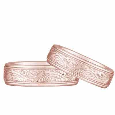 Engraved Paisley Wedding Band, 14 Karat Rose Gold -  - JDB-230E1R-SET