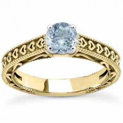 Etched Heart Band Aquamarine Engagement Ring, 14K Yellow Gold -  - US-ENS3612AQY