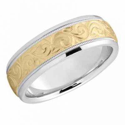 Etched Paisley Wedding Band in 14K Two Tone Gold -  - USWB-M691