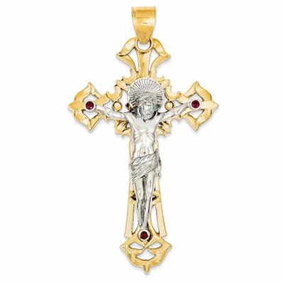 Extra Large Crucifix Pendant with Red CZ in 14K Two-Tone Gold -  - QGCR-C2036