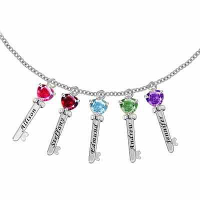 Family Key Charm Necklace with 5 CZ Stones in Sterling Silver -  - JAPD-MP30516-5-SS