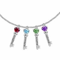 Family Key Pendant Necklace with 4 CZ Stones in Sterling Silver