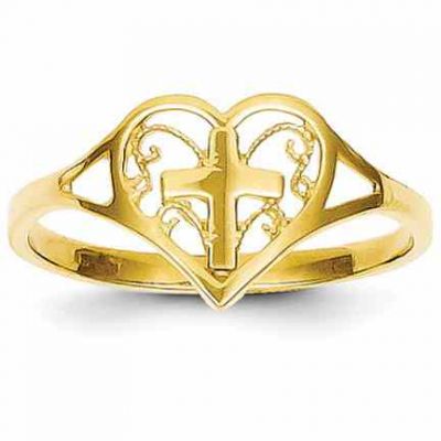 Filigree Heart and Cross Ring in 14K Yellow Gold -  - QGRG-K5117