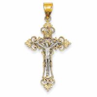 Fleur-de-Lis INRI Crucifix Pendant, 14K Two-Tone Gold