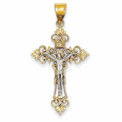 Fleur-de-Lis INRI Crucifix Pendant, 14K Two-Tone Gold -  - QGCR-C4388