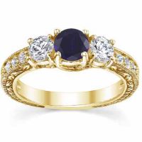 Floral-Carved Blue Sapphire/Diamond 3 Stone Engagement Ring, Gold