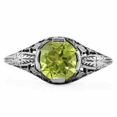 Floral Design Art Nouveau Inspired Peridot Ring in 14K White Gold -  - HGO-R017PDW