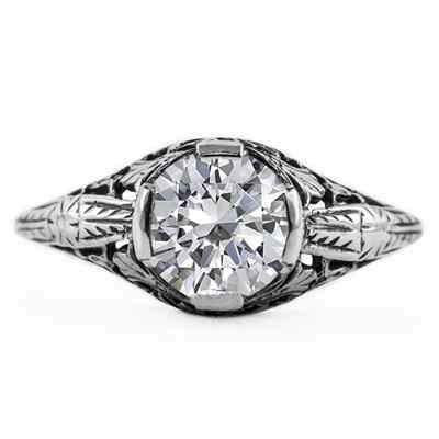 Floral Design Art Nouveau Inspired White topaz Ring in 14K White Gold -  - HGO-R017WTW
