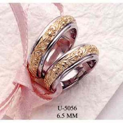 18K Two-Tone Gold Floral Design Wedding Band Ring -  - U-5056-18K