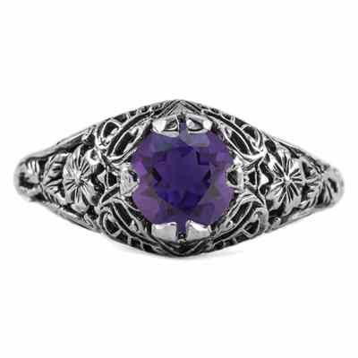 Floral Edwardian Style Amethyst Ring in Sterling Silver -  - HGO-R058AMSS