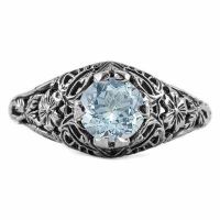 Floral Edwardian Style Aquamarine Ring in Sterling Silver