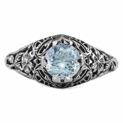 Floral Edwardian Style Aquamarine Ring in Sterling Silver -  - HGO-R058AQSS