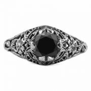 Floral Edwardian Style Black Diamond Ring in 14K White Gold