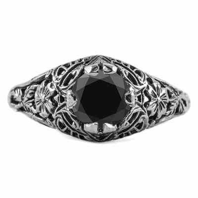 Floral Edwardian Style Black Diamond Ring in 14K White Gold -  - HGO-R058BLKW