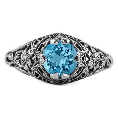 Floral Edwardian Style Blue Topaz Ring in 14K White Gold -  - HGO-R058BTW