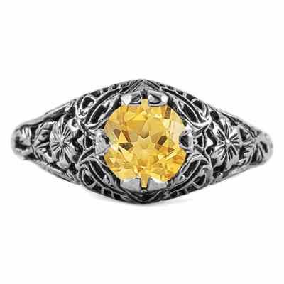 Floral Edwardian Style Citrine Ring in 14K White Gold -  - HGO-R058CTW