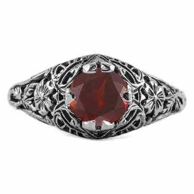 Floral Edwardian Style Garnet Ring in Sterling Silver -  - HGO-R058GTSS