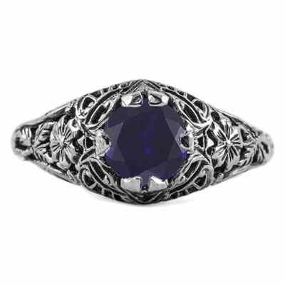 Floral Edwardian Style Sapphire Ring in 14K White Gold -  - HGO-R058SPW