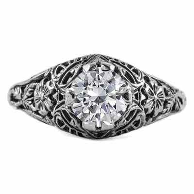 Floral Edwardian Style CZ Ring in 14K White Gold -  - HGO-R058CZW