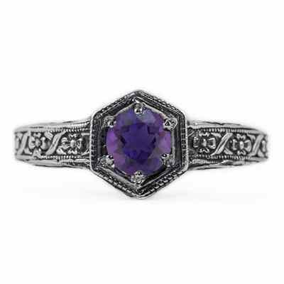 Floral Ribbon Design Vintage Style Amethyst Ring in Sterling Silver -  - HGO-R063AMSS