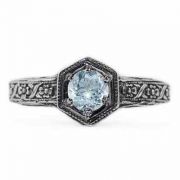 Floral Ribbon Design Vintage Style Aquamarine Ring in Sterling Silver