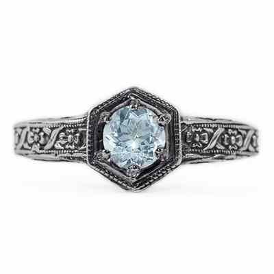 Floral Ribbon Design Vintage Style Aquamarine Ring in Sterling Silver -  - HGO-R063AQSS