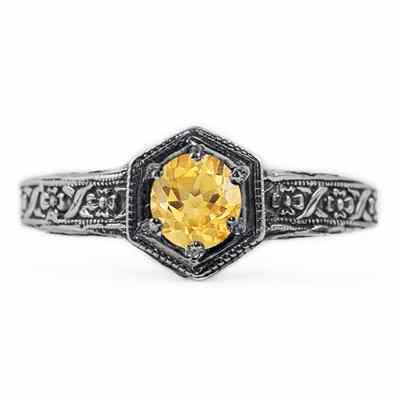 Floral Ribbon Design Vintage Style Citrine Ring in 14K White Gold -  - HGO-R063CTW
