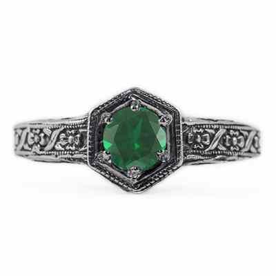 Floral Ribbon Design Vintage Style Emerald Ring in 14K White Gold -  - HGO-R063EMW