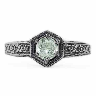 Floral Ribbon Design Vintage Style Green Amethyst Ring 14K White Gold -  - HGO-R063GAW