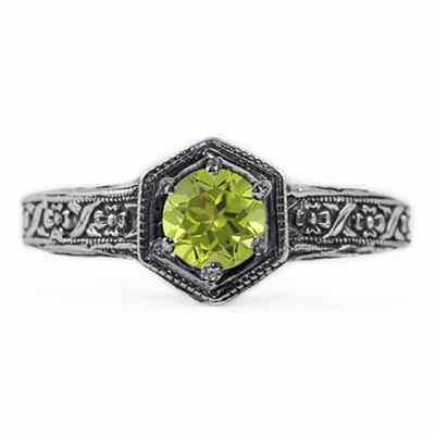 Floral Ribbon Design Vintage Style Peridot Ring in Sterling Silver -  - HGO-R063PDSS