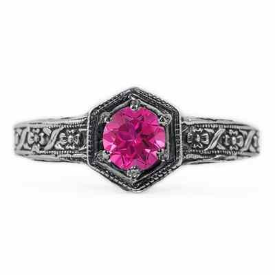 Floral Ribbon Design Vintage Style Pink Topaz Ring in 14K White Gold -  - HGO-R063PTW