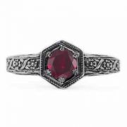 Floral Ribbon Design Vintage Style Ruby Ring in Sterling Silver