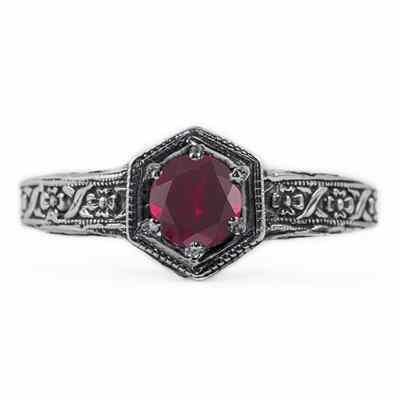 Floral Ribbon Design Vintage Style Ruby Ring in Sterling Silver -  - HGO-R063RBSS