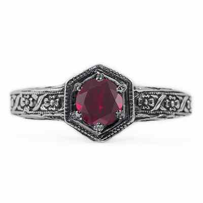 Floral Ribbon Design Vintage Style Ruby Ring in Sterling Silver -  - HGO-R063RBSS